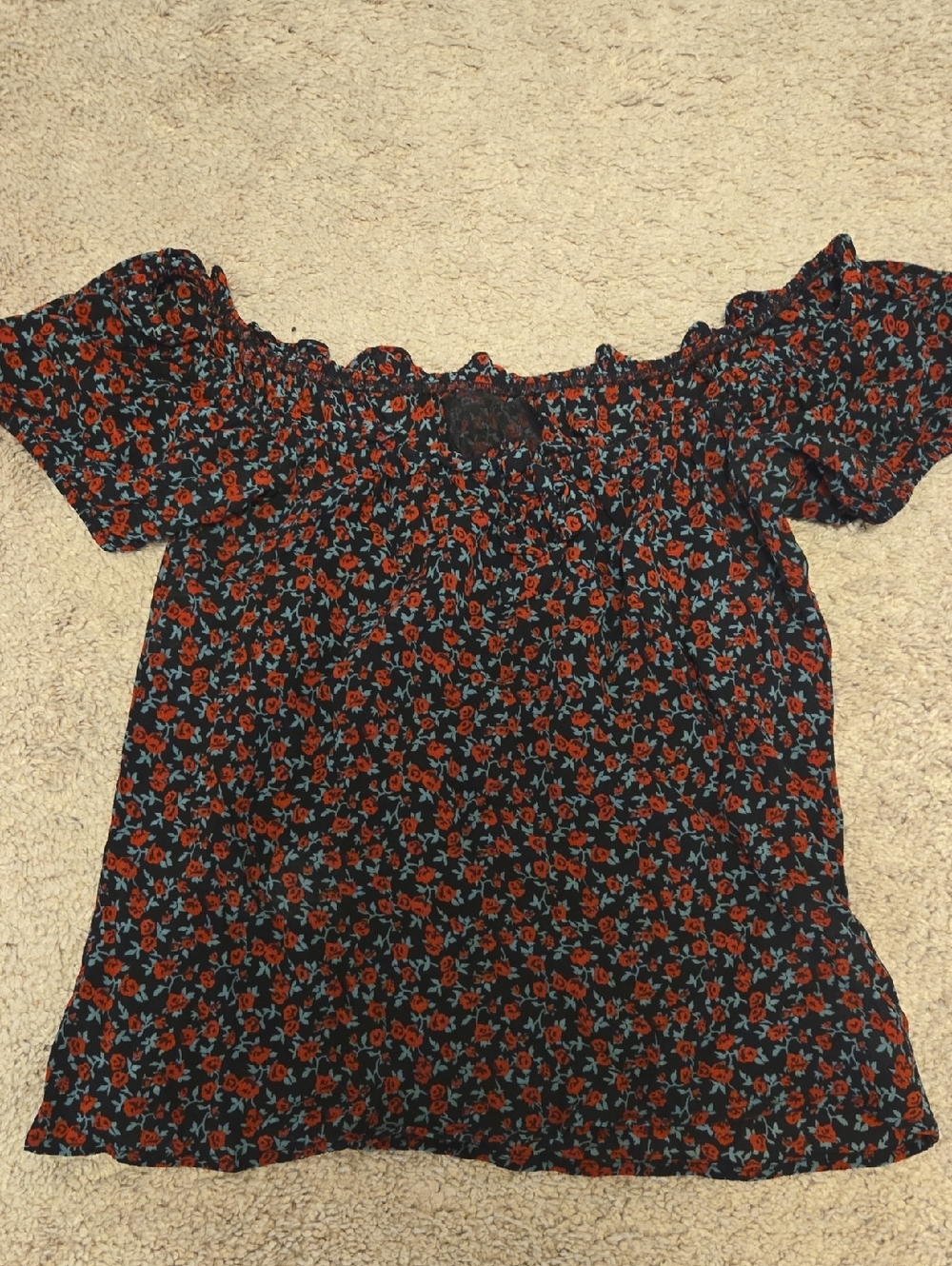 Reformation Black Floral Off-Shoulder Tunic with Rust and Teal Flowers